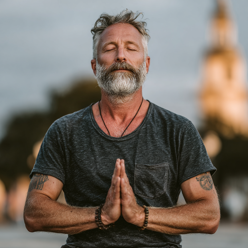 Літня жінка практикує йогу у спокійному середовищі