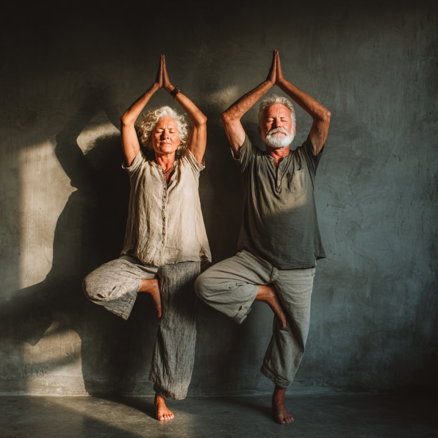 Літній чоловік медитує під час йоги